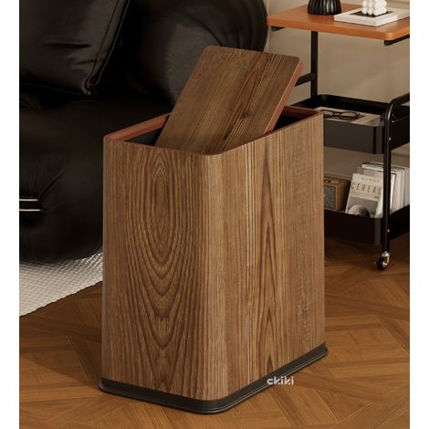 Poubelle rectangulaire étroite à couvercle basculant imitation noyer double bac intérieur-extérieur, plus de 12L plastique résistant, corbeille à papier gain de place pour interstice salon, cuisine et (1/4)