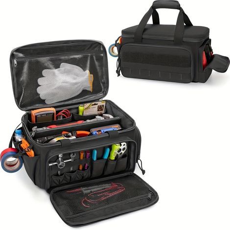 Schwarze Werkzeugtasche aus Segeltuch (14 Zoll), tragbar und leicht, multifunktional, ideal für Elektriker und Reparaturfachleute. (1/4)