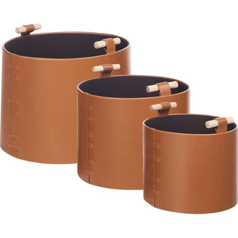 Set di 3 cesti portaoggetti con manici in ecopelle marrone Aram