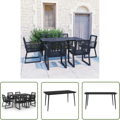 The Living Store 7-tlg. Garten-Essgruppe PVC Rattan Schwarz - Gartenmöbel Set - Esstisch - Gartensessel - Outdoor Furniture - Balkonmöbel (1/5)
