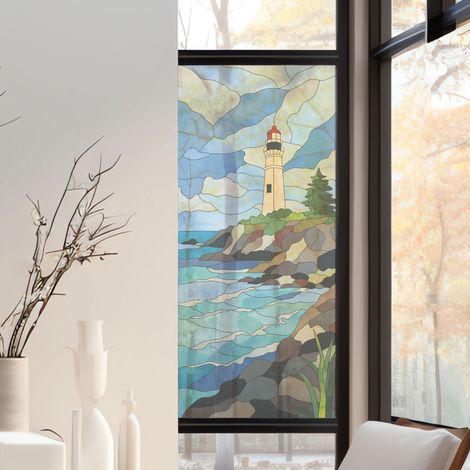 Stickers décoratifs électrostatique, phare, mer, rochers, paysage, effet vitrail, 150 cm X 67,5 cm (1/2)
