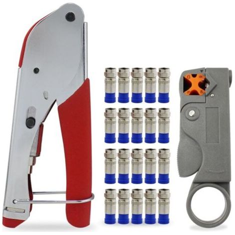 Pince à Sertir à Compression de Type F, Kit d'Outils de Sertissage de Câble Coaxial, Coupe 9mm + 20 Connecteurs, Pince Coupante RG59 RG6, Pour la Télévision par Câble(480g)