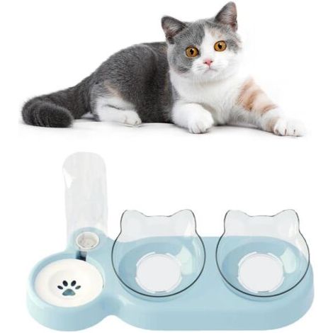 Gamelle Double Chat Surélevée avec Distributeur d'Eau - Bol Réglable avec Support pour Nourriture, Évite Les Blessures au Cou (Bleu)