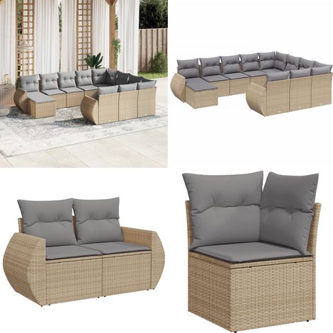 Set de sofás de jardín 11pzas con cojines ratán sintético beige - Muebles de exterior - Cojines para sofás