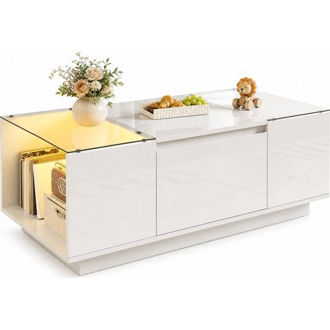 Table basse moderne avec rangement, 2 tiroirs cachés, LED Bluetooth 16 couleurs et plateau en verre, 105 x 50 x 35 cm, blanc blanc – CHICFURN (1/5)