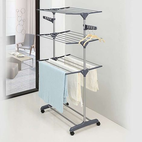 Étendoir à linge pliable 3 étages – Séchoir mobile avec 4 roues – Tubes en acier inoxydable – Charge max 30kg – Espace de rangement pour chaussures – Wyctin (1/4)