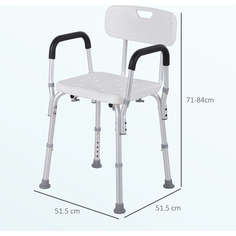 Chaise de douche en aluminium antidérapante et réglable en hauteur, 51,5 x 51,5 x 71-84 cm, blanche (1/5)