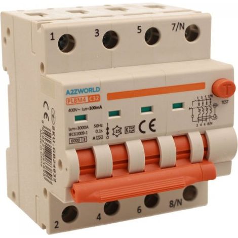 RCBO Interruttore Magnetotermico Differenziale Con Doppia Leva Tipo A Curva C 4P 4M 6000A 300mA, Diagnostica Visiva, C32A  AC 400V IP20 IEC61009-1 PL8M4 4P GB66632
