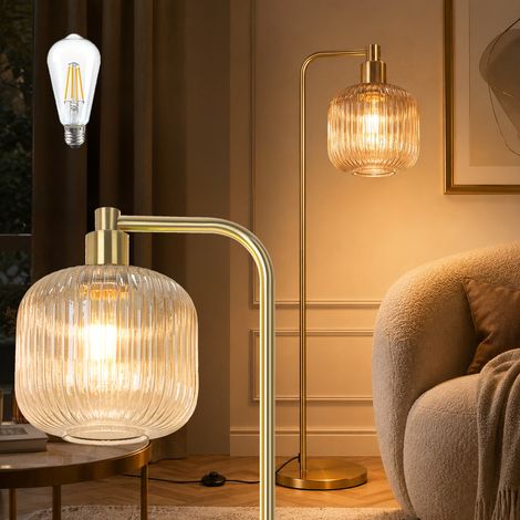 ROSNEK Stehlampe Wohnzimmer E27 Glas Stehleuchte 170 cm mit Fußschalter LED Leuchtmittel Gold Braun (1/5)