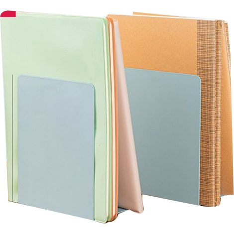 Minimalistische und tragbare Buchstützen aus Metall, hellgrün, für Regale und Schreibtische. (1/4)