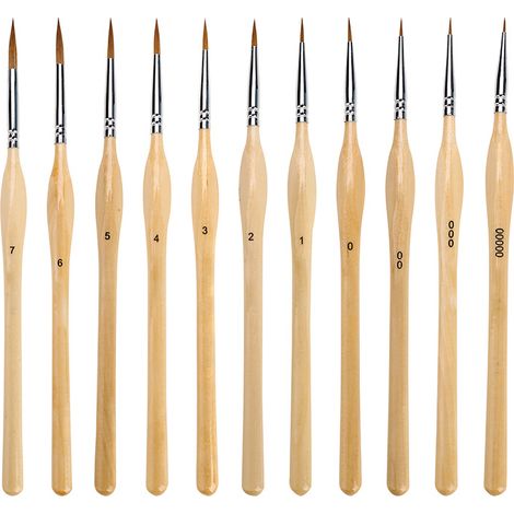 1 lot de 11 pinceaux de peinture, détail miniature, poils en nylon, pinceaux pour huile, acrylique, aquarelle et gouache, pinceau de détail avec manche en bois naturel, idéal pour les débutant (1/3)