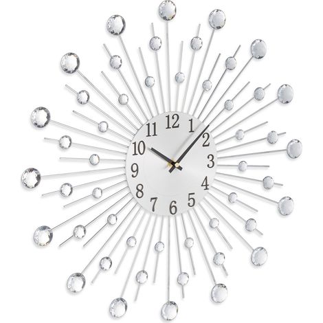 Relaxdays Wanduhr, glitzerndes Diamanten-Design, batteriebetrieben, Küchenuhr analog, Ø 50 cm, Wohnzimmeruhr, silber (1/5)