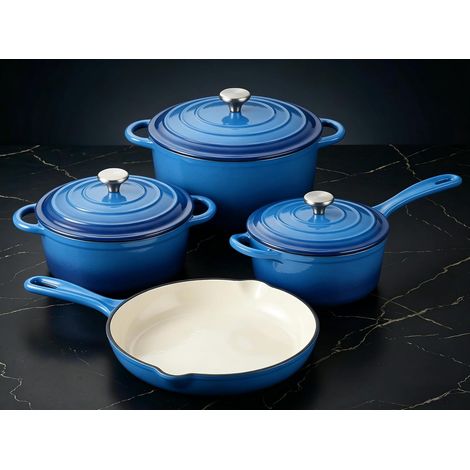 Batterie de cuisine antiadhésive en fonte émaillée, 7 pièces avec couvercle, poêle, poêle à frire, casserole et cocotte pour toutes les cuisinières, sans PFA – Idéal pour la cuisson du pain au levain (1/5)