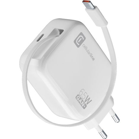 Cellularline Retractable Power 65W Caricabatterie da rete 65W con cavo retrattile USB-C e porta USB-C