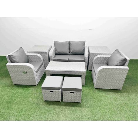 Fimous Light Grey PE Wicker Rattan Garden Furniture Set Sofa Set Reclining Adjustable Chair Oblong Coffee Table 6 Seater 2 Small Stools 2 Side Table (1/4)