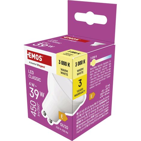 Spot LED MR16 avec culot GU10, 4 W, remplace une ampoule halogène de 39 W, luminosité 450 lm, blanc chaud 3000 K, durée de vie 30 000 h, IRC min. 80, angle d'éclairage 100°, couleur blanche (1/5)