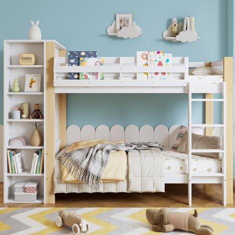 Lit superposé enfant 90/200 cm blanc et naturel en bois massif et MDF avec armoire latérale (1/5)