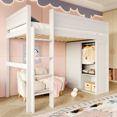 Hochbett Kiefernholz/MDF Weiß 90x200 cm mit Kleiderschrank, Staufach und offenem Unterbettraum