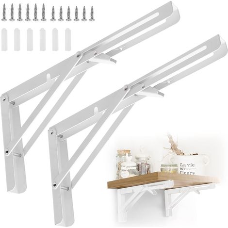 Étagère Murale Pliante de 500 mm, 2 Pcs Support Console Pliable en Acier Inoxydable, Lourds Support Console Pliable Rétractable pour Garage Cuisine Chambre (Blanch) (1/5)