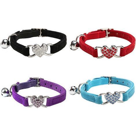 Lot de 4 colliers de sécurité réglables en forme de cœur pour chat avec clochette et strass.-28X1cm-Random Color (1/4)