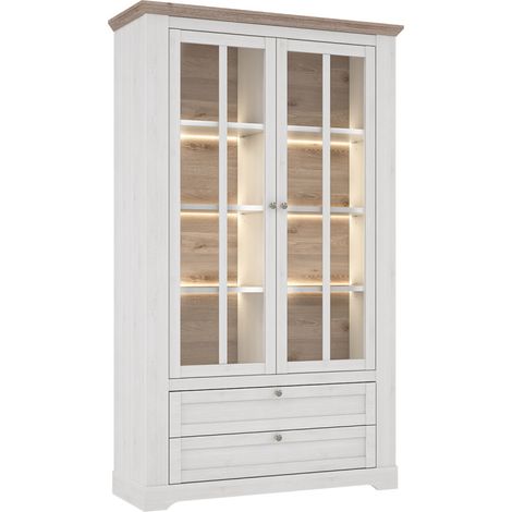 Vitrine 2 portes 2 tiroirs éclairage LED décor blanchi - ANGELE (1/5)