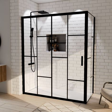 Paroi de douche d'angle effet verrière ATELIA avec porte coulissante 160 cm x 80 cm (1/5)