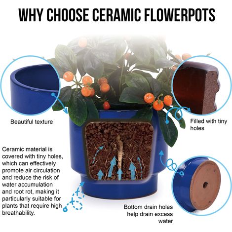 Lot de 3 pots en céramique artisanale (Ø 38,1/30,5/22,9 cm), glaçure bleue unie, parfait pour succulentes/plantes, intérieur/extérieur, terre cuite poreuse respirante. (1/5)