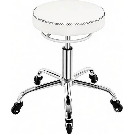 Tabouret de bureau réglable pivotant avec roulettes, assise confort en cuir régénéré blanc, structure métal, hauteur 46 à 58 cm, pour salon et atelier  CHICFURN (1/5)