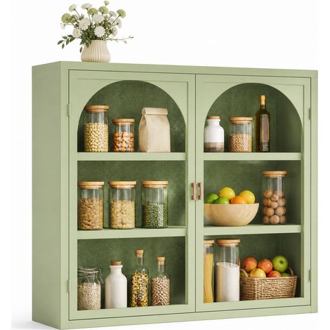 Meuble mural à 2 portes en verre, 3 niveaux de rangement, motif tressé, design moderne vert pour entrée, salon ou salle de bain, installation murale ou au sol - CHICFURN (1/5)