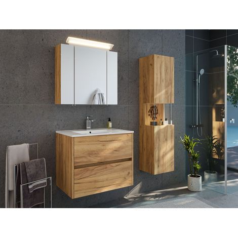 Badmöbelset Taifun 70cm 3tlg mit Spiegelschrank und Seitenschrank eiche gold (1/5)