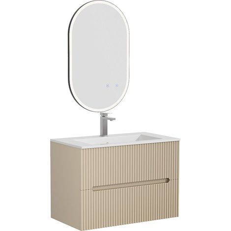 Mobile sospeso per bagno con lavabo da incasso, rubinetto e specchio scanalato beige 80 cm - PAVANI