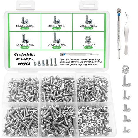 600 Pcs M2.5 x 4 mm / 5 mm / 6 mm / 8 mm / 10 mm Lot de Vis M2.5 de Réparation, avec Écrous, Tournevis (1/5)