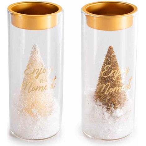 Portatealight di Natale dorate su barattolo di vetro trasparente con scritta augurale con all'interno neve e albero, set da 6 pezzi, Ø 5 cm x 12,5 H