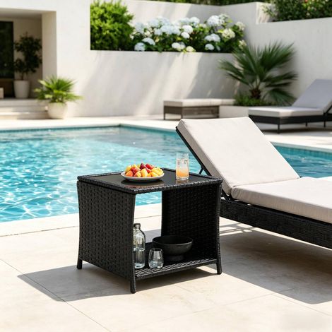 Gartentisch 45x45x40 cm schwarz aus Polyrattan, Metall und Glas mit Stauraum (1/5)