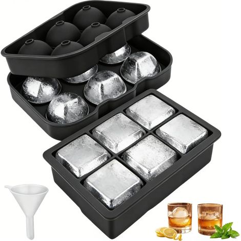 2er-Set Silikon-Eiswürfelformen – 6 quadratische und 6 kugelförmige Würfel – BPA-frei mit Deckeln – für Whisky und Cocktails – transparentes Design (1/5)