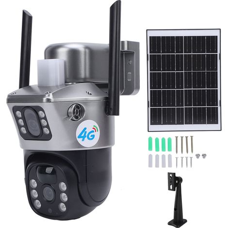 Ortviai Caméra de sécurité extérieure 4G avec double objectif HD, détection de mouvement intelligente et panneau solaire intégré