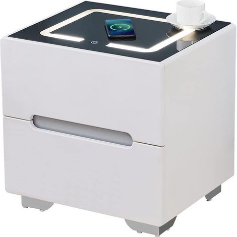 Clipop – Table de chevet 2 tiroirs – Charge sans fil – Lumière LED tricolore – MDF et bois massif – Dimensions 42x50x50cm – Blanc noir (1/5)