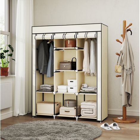 Faltbarer Stoffschrank mit 2 Kleiderstangen und 8 Regalböden 103 x 43 x 162,5 cm Cremeweiß OKWISH (1/5)