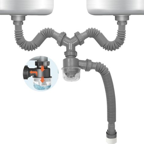 Kit de vidange double pour évier,1½" siphon P extensible, coupelle anti-odeurs visible, amovible et lavable, pour cuisine et salle de bain. (1/5)