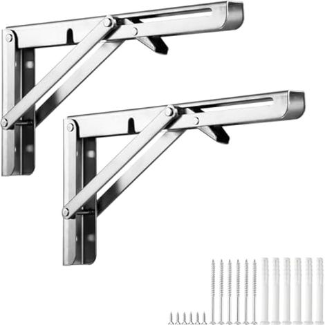Lot de 2 équerres Murales Pliables en Acier Inoxydable – Support Mural Rabattable avec Verrouillage pour Table Pliante, établi, étagère – Gain de Place & Antirouille – Charge Jusqu'à 30 kg – 150mm (1/4)