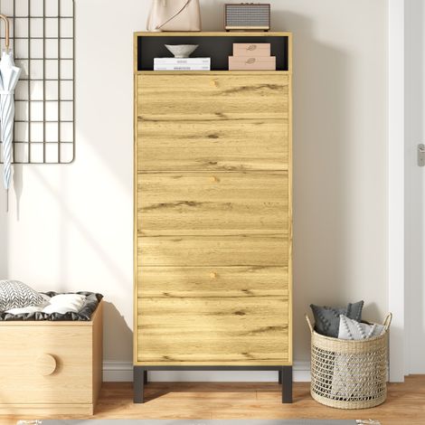Zapatero con compartimentos, 147 cm, estantería de almacenaje ahorra espacio para recibidor, estilo Japandi nórdico en MDF y metal con 3 puertas abatibles, natural (1/5)