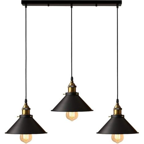 Lampes Suspension Luminaire Industrielle Lustre Plafonniers Design Edison Métal Lustre Suspension avec 50cm Support en Barre, Ø 22cm, Noir