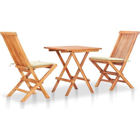 Ensemble Table + 2 chaises de bistro - Table à manger avec Chaises avec coussins crème Bois de teck massif BV572602 - BonneVie (1/5)