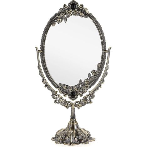 Espejo de maquillaje decorativo ovalado vintage de doble cara para mesa, fotografía o tocador (grande, bronce).