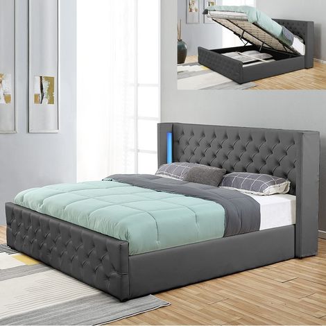 MEUBLER DESIGN Lit Coffre Design Avec Led Osmos - Gris - 140x190, Polyuréthane, Style Contemporain, 209 x 164 x 113 cm (1/5)