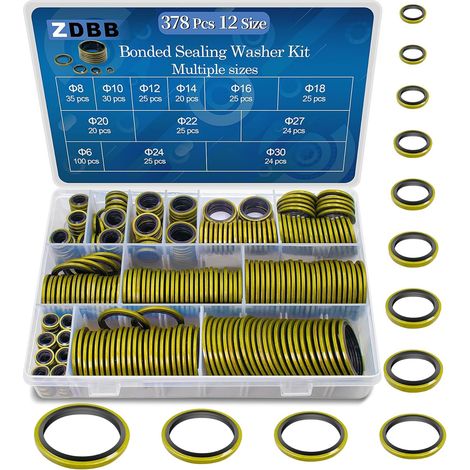 Lot de 378 Bande Caoutchouc Joint d'Étanchéité Rondelles Collées en Métal et Caoutchouc pour Automobiles M6 M8 M10 M12 M14 M16 M18 M20 M22 M24 M27 M30 (1/5)