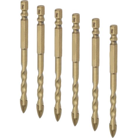 Lot de 10 forets à pointe cruciforme en carbure, queue hexagonale de 6,35 mm (1/4 po), pour céramique, marbre, verre et cuivre, diamètre de perçage 8 mm. (1/5)