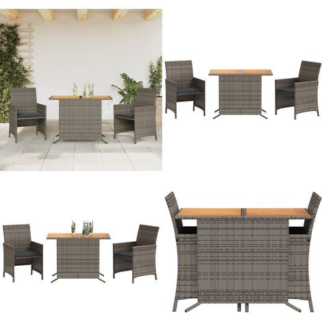 3-tlg. Bistro-Set mit Kissen Grau Poly Rattan - Gartenmöbel - Bistro-Set - Esstisch - Stühlen - Outdoor Möbel - Home & Living