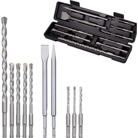 Set 10 PZ Punte Trapano SDS Plus Cemento Muro + 2 Scalpelli Piatti e a Punta