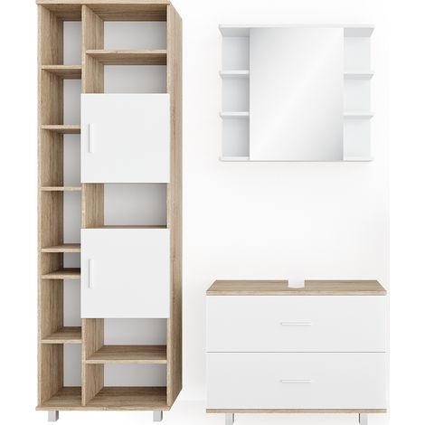 Conjunto de muebles de baño Ilias, Blanco/Sonoma, 3 piezas, con mueble bajo 80 cm, Vicco (1/5)